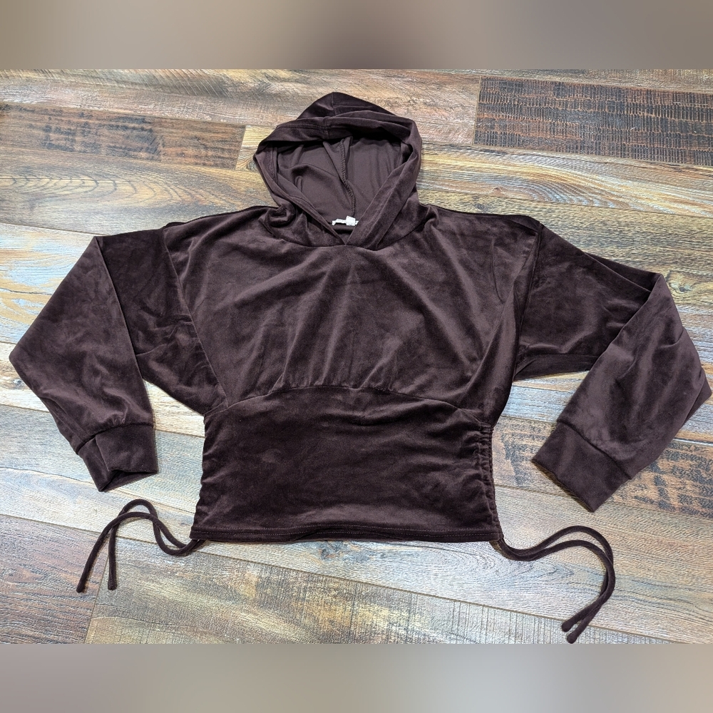 Coco + Jaimeson Brown velour hoodie pullover top long sleeve Sz L